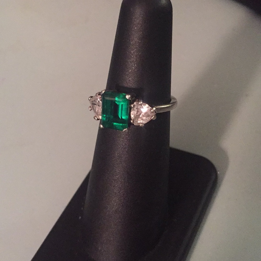 SS Green Helenite and Cubic Zirconia Ring